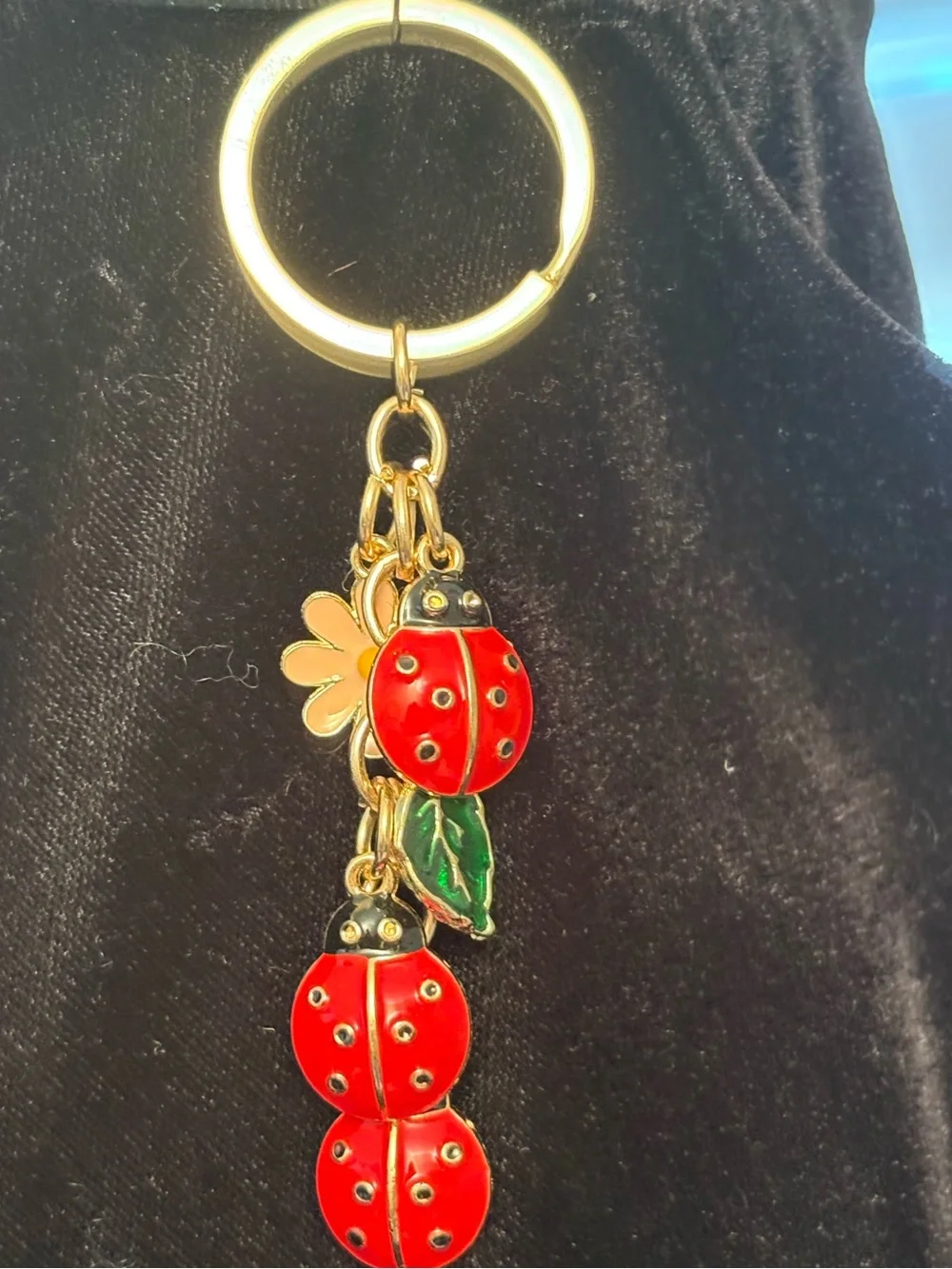 Gold Keyring /purse bling with Red Ladybug Charms and Green Leaf